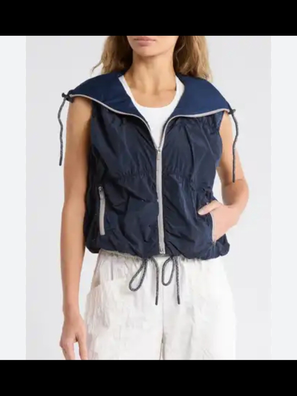 Free People Charlie Denim Sleeveless Zip Front Windbreaker Vest In Navy NWOT